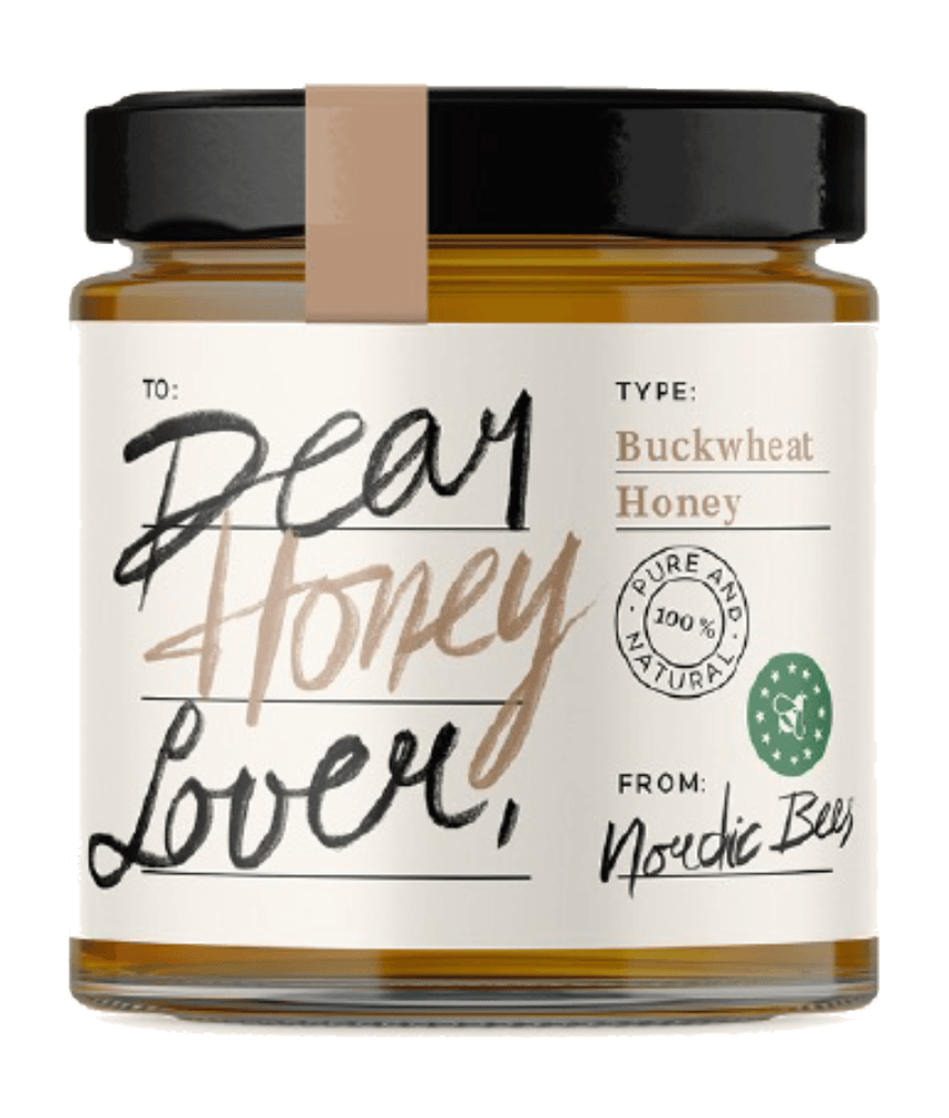 Jar of Dear Honey Lover buckwheat honey from Nordic Bees with a brown cap stripe