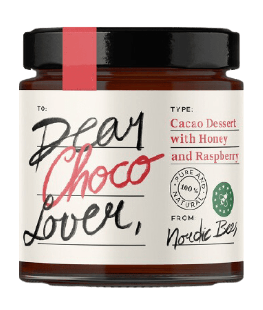 Jar of Dear Choco Lover cacao dessert with honey and raspberry from Nordic Bees with a red cap stripe