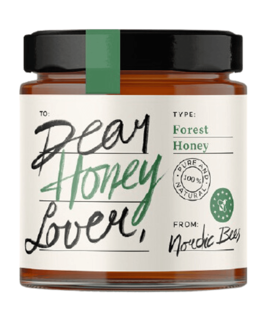 Jar of Dear Honey Lover forest honey from Nordic Bees with a green cap stripe