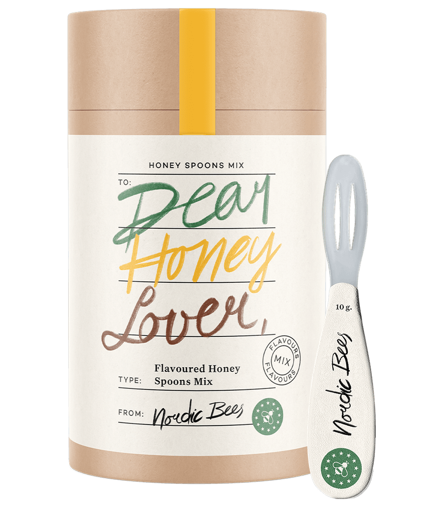 Tube of Nordic Bees flavoured honey spoons mix with a yellow strip and the Dear Honey Lover label