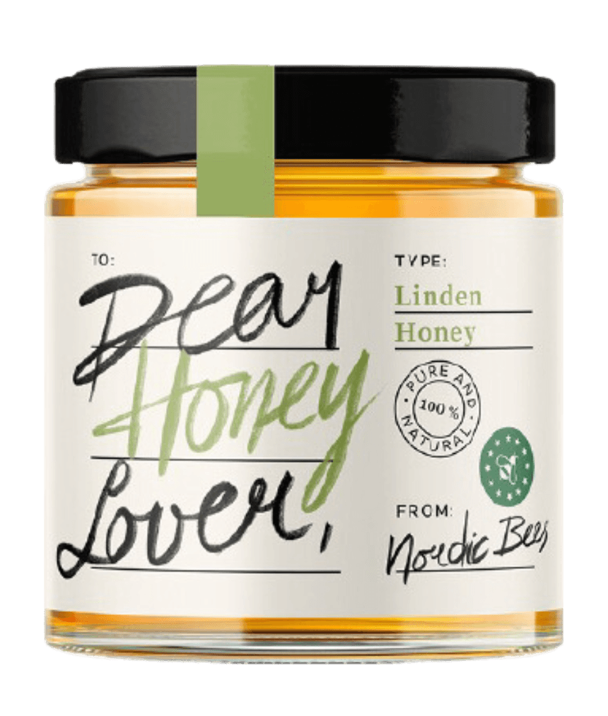 Jar of Dear Honey Lover linden honey from Nordic Bees with a light green cap stripe
