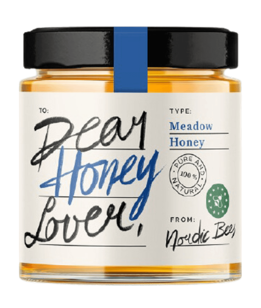 Jar of Dear Honey Lover meadow honey from Nordic Bees with a blue cap stripe