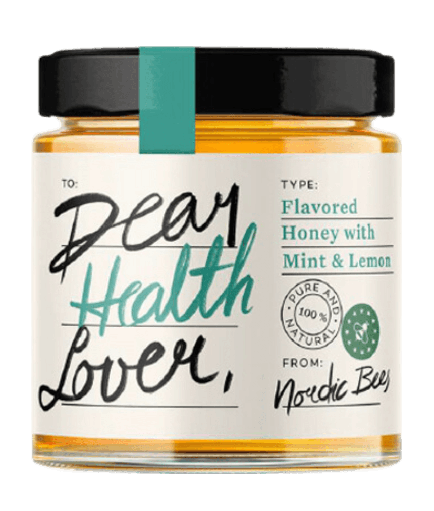 Jar of flavoured honey with mint and lemon from Nordic Bees with a teal cap stripe